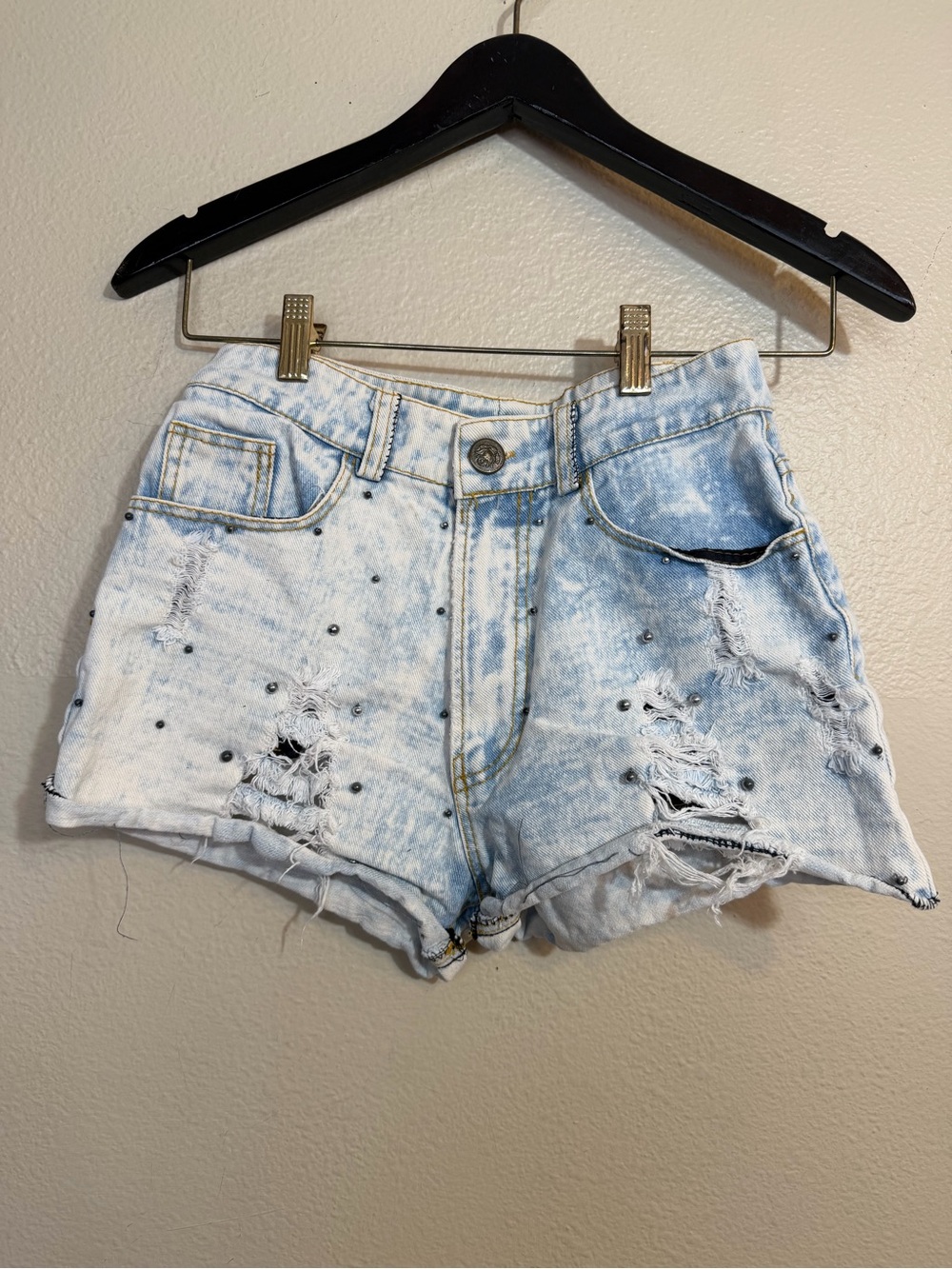 Y2K Distressed Light Blue Denim Women's Shorts with Stud Detail